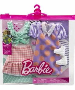 BARBIE FASHIONS 2 PACK GREEN SPOTTED TOP AND PURPLE SPOTTED DRESS